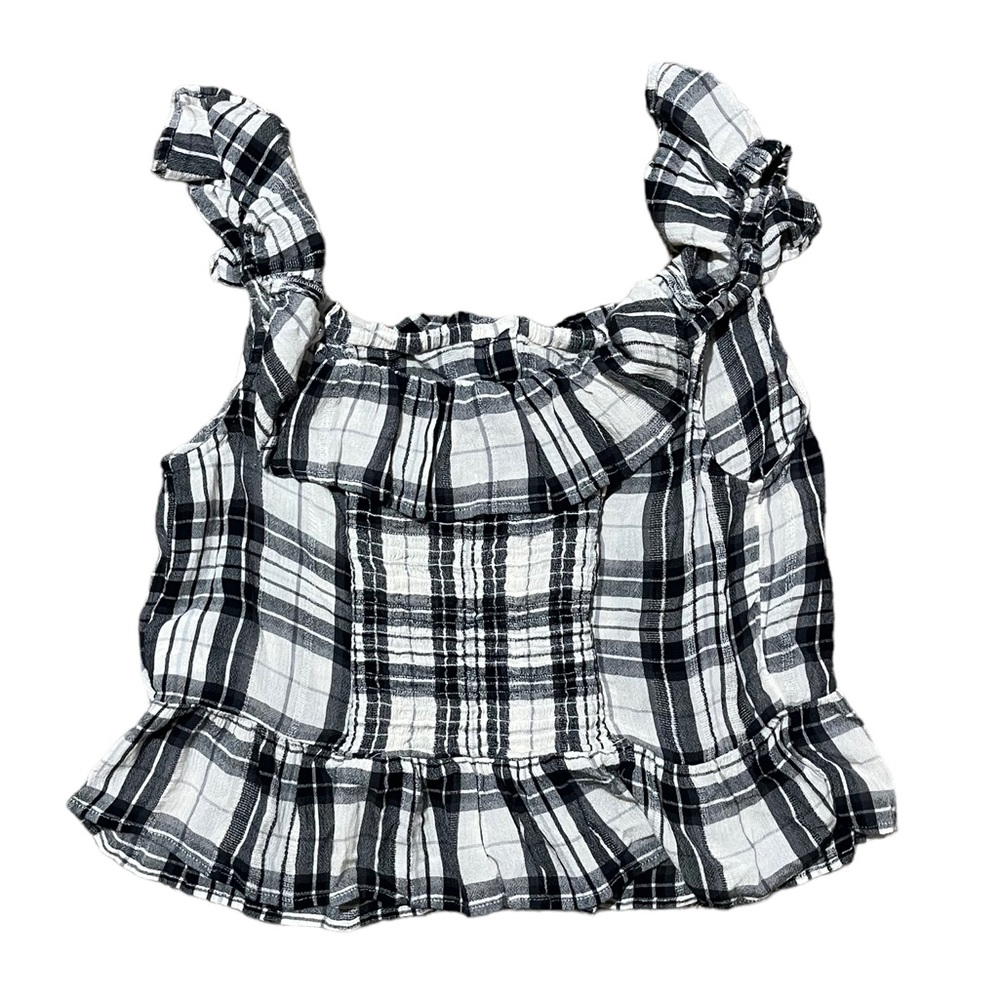 American Eagle Plaid Ruffle Button Up Crop Top | Women's L - Picture 4 of 5